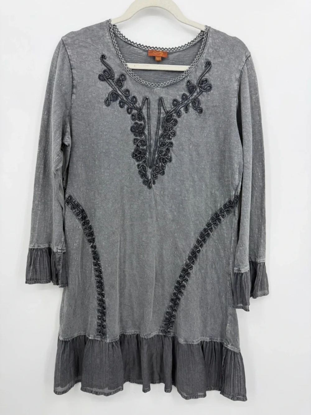 Scully Women's Sz L gray Embroidered Ruffled Hem & Cuffs‎ tunic Dress